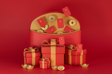 3d rendering red envelopes and gifts illustration