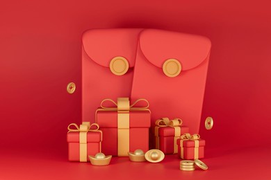 3d rendering red envelopes and gifts illustration