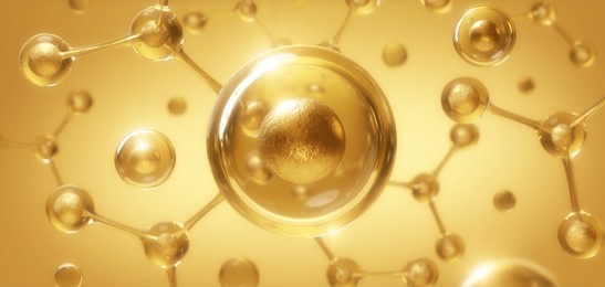 golden molecule or atom isolated on soft background, concept skin care cosmetics background, 3d rendering.