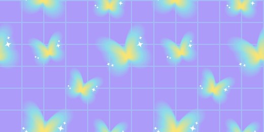 seamless pattern with y2k gradient yellow and blue butterflies on a purple checkered background. retro vintage illustration for textile, paper, fabric, background, wallpaper, print design. vector