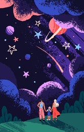 happy family holds hands, looks up at starry sky. people with kid are on nature, outdoors. universe view: planets, constellations, stars. night landscape. dreaming concept. flat vector illustration