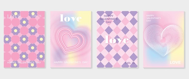 abstract gradient y2k style template cover vector set. happy valentine's day decorate with trendy gradient heart, flower y2k colorful background. design for greeting card, fashion, commercial, banner.