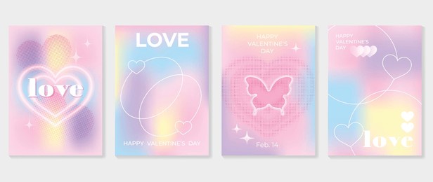 abstract gradient y2k style template cover vector set. happy valentine's day decorate with trendy gradient heart colorful background, butterfly. design for greeting card, fashion, commercial, banner.