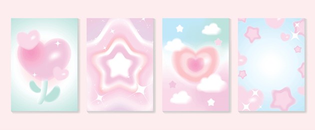 abstract gradient y2k style template cover vector set. happy valentine's day decorate with trendy gradient heart, star, y2k colorful background. design for greeting card, fashion, commercial, banner.