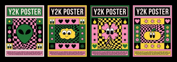 y2k poster design template with bright abstract simple groovy sticker in bright acid colors. vector illustration set of cover and banner 2000s aesthetic layout with cute psychedelic elements and text.