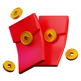 3d red angpao envelope with gold coins. 3d render illustration with chinese new year theme on white background