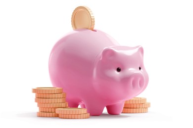 pig piggy bank and pile of gold coins isolated on white background. business, investment concept. financial services. safe finance investment. security of money storage. 3d rendered. 3d illustration