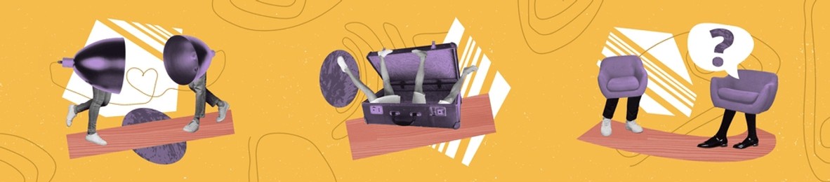 panorama collage of headless couple lamps instead head love story jump into suitcase and dialogue between furniture over yellow background