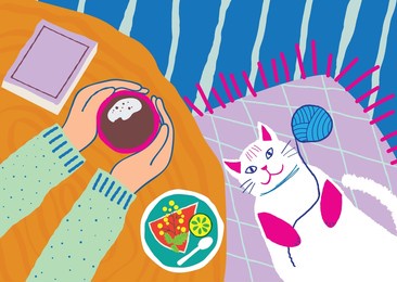 cozy scene. a man sitting at the table with a cup of coffee and a cat playing with a ball of wool.