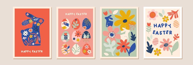 happy easter, decorated geometric style easter card set. bunnies, easter eggs, flowers and basket in modern bold minimalist style. abstract flowers, bunnies and eggs.