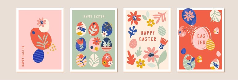 happy easter, decorated geometric style easter card set. bunnies, easter eggs, flowers and basket in modern bold minimalist style. abstract flowers, bunnies and eggs.