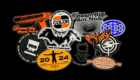 abstract typographic retro stickers. vintage brutalism geometric labels, 90s style, with dither effects, stipplism bitmap. vector set