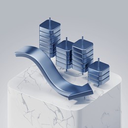 inflation and the economic crisis concept isolate on white background. the blue arrow on the podium is pointing down. plot a graph on the stacks of coins for the recession concept. 3d render