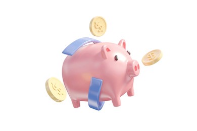 3d rendered illustration of money saving concept with floating and rotating piggy bank with dollar coins isolated on white background. for icons finance business saving