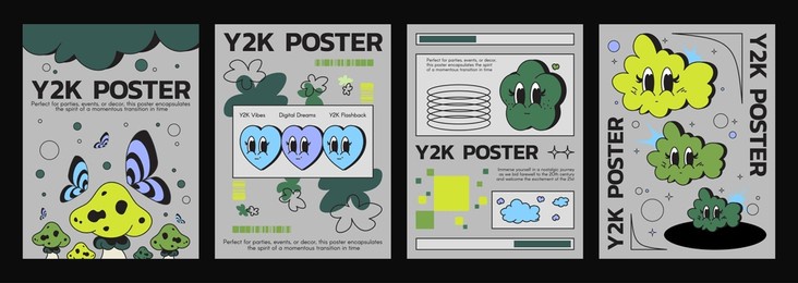 retro y2k or groovy style poster design layout. vector set of hippy banner with cute psychedelic mushroom with butterflies, funny heart, flower and cloud cartoon characters with happy smiling faces.