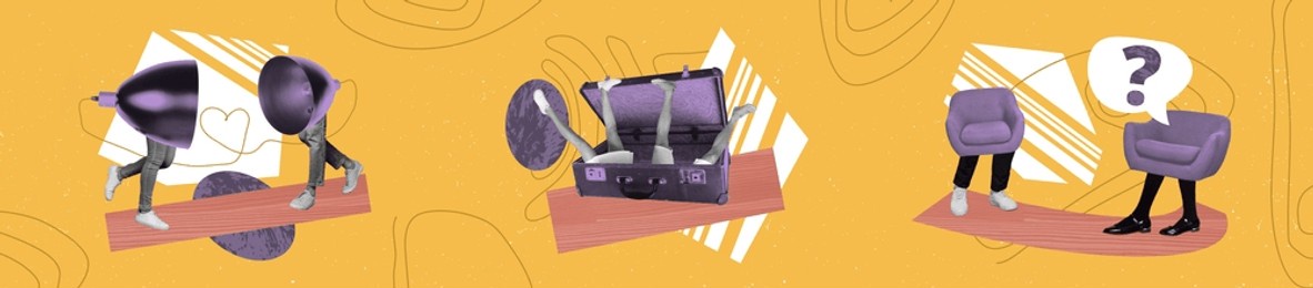 panorama collage of headless couple lamps instead head love story jump into suitcase and dialogue between furniture over yellow background
