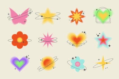 y2k aesthetic blurred gradient aura hearts, butterfly, flower with linear circles, stars. trendy set of modern blurry figures in brutalism style. romantic transparent heart elements for social media 