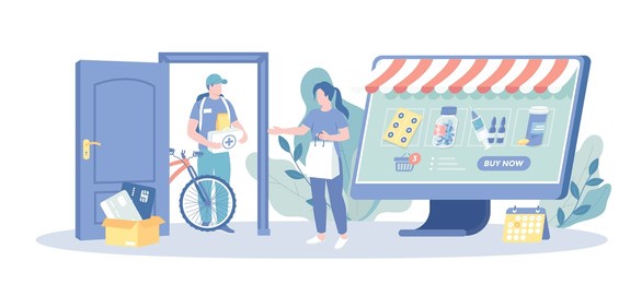 online pharmacy. woman buying medicaments, medical supplies, pills and drugs via computer with home delivery. raster illustration with character situation for web.	
