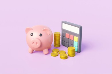 3d rendered illustration of money saving or finance and business concept with piggy bank and calculator with gold coins and dollar coins. for success, profit, capital, funds