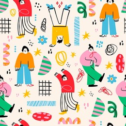 various abstract people and doodle objects. young men and women standing together in colorful clothing. cartoon style characters. hand drawn trendy vector illustration. square seamless pattern