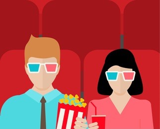 couple watching movie in cinema theater in 3d glasses holding  popcorn and soda, vector illustration 