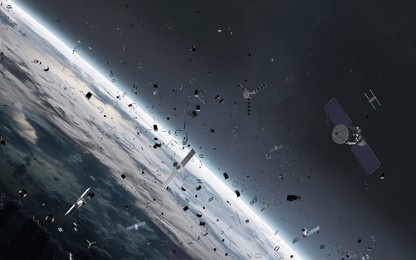 3d illustration of the problem of pollution of the earth's orbit by debris, junk and satellites. high quality digital space art in 5k - ultra realistic visualization.