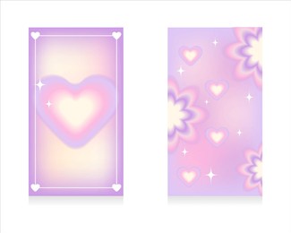collection of abstract gradient backgrounds. soft blurred template with y2k heart, flowers for social media stories. glamorous aesthetics of the year 2000. pastel shades. vector illustration.