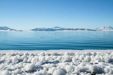 winter scenery of sailimu lake in xinjiang