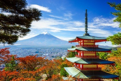 mt. fuji with chureito pagoda in autumn, fujiyoshida, japan