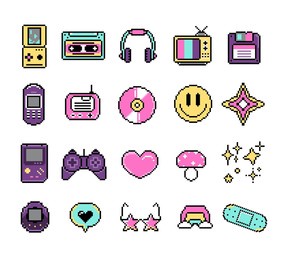 set of retro y2k elements in pixel art, vector illustration