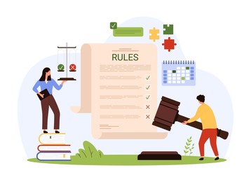 law compliance, company policies and rules document, legal regulatory guide and advices. tiny people practice regulatory legislation with balance scales and judges hammer cartoon vector illustration