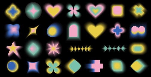 gradient abstract blur shapes, blurry heart, stars, moon and floral aesthetic elements on black background colorful soft gradients. different geometric shapes with blur effect vector set. eps 10	