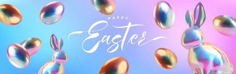 easter poster and banner template with rabbit and easter eggs in colorful gradient metallic holographic style.greetings and presents for easter day.promotion and shopping template for easter