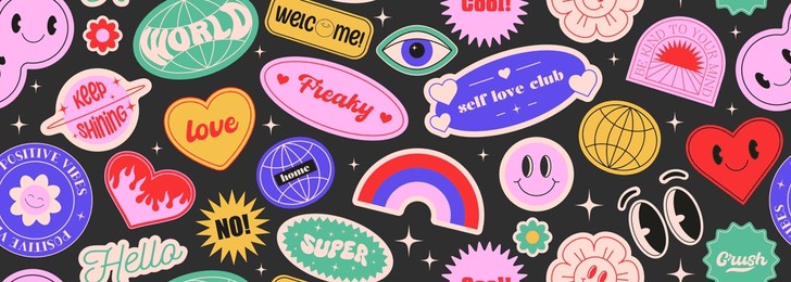seamless vector banner with abstract y2k shapes and badges. geometric templates, smiling faces, flowers, hearts, patches. groovy and psychedelic stickers on background. fun pattern