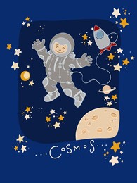 children's color illustration depicting an astronaut in space. cartoon style