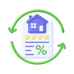 3d mortgage refinance illustration. home loan, mortgage, better term, debentures, property, lower interest. trendy and modern vector in 3d style