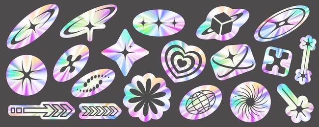 y2k holographic stickers set. retro gradient foil shapes and futuristic labels. 2000s rave neon collection. textured graphic space badges. vector