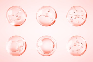 molecules inside bubbles on pink background. collagen serum bubble. cosmetic essence. concept skin care cosmetics solution. vector 3d illustration