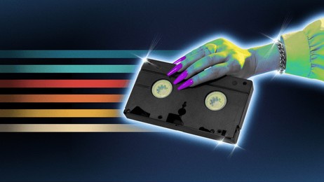 poster. contemporary art collage. female hand holds vintage video cassette against gradient background with colorful lines. trendy y2k style and retro futurism. concept of youth, nostalgy, digital age