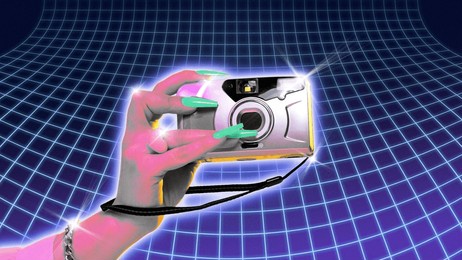 poster. contemporary art collage. female hand make photoshoot on vintage camera against wireframe background. trendy y2k style and retro futurism. concept of youth, nostalgy, technology, digital age.