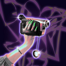 poster. modern aesthetic artwork. female hand holds vintage video camera against abstract gradient background. trendy y2k style and retro futurism. concept of youth, nostalgy, technology, digital age.