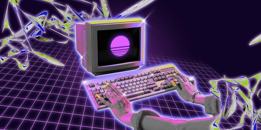 poster. modern aesthetic artwork. female hands turning on vintage desktop computer against wireframe background. trendy retro futurism. concept of youth, nostalgy, culture, technology, digital age.