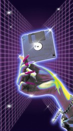 poster. modern aesthetic artwork. female hand holds vintage floppy disk, diskette against wireframe background. trendy y2k style and retro futurism. concept of youth, nostalgy, technology, digital age