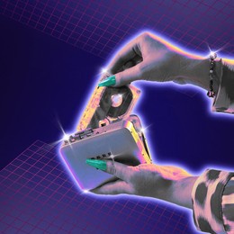 poster. modern aesthetic artwork. woman wants to listen to music from a vintage music player with cassette. trendy y2k style and retro futurism. concept of youth, nostalgy, technology, digital age.