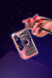 poster. contemporary art collage. female hand with long nails holds vintage camera against cosmic background. trendy y2k style and retro futurism. concept of youth, nostalgy, technology, digital age.
