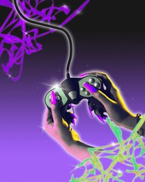 poster. modern aesthetic artwork. female hands holds vintage gamepad against gradient background. trendy y2k style and retro futurism. concept of youth, nostalgy, culture, technology, digital age.