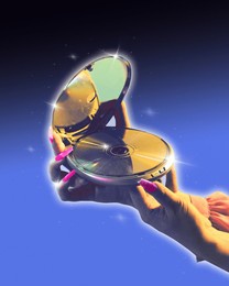 poster. modern aesthetic artwork. hand holds vintage cd compact player against gradient background. trendy y2k style and retro futurism. concept of youth, nostalgy, culture, technology, digital age.