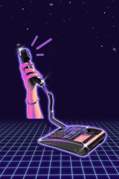 poster. modern aesthetic artwork. female hand vintage landline telephone receiver against wireframe trendy y2k style and retro futurism. concept of youth, nostalgy, culture, technology, digital age.