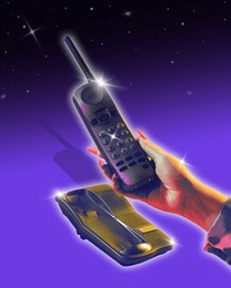 poster. contemporary art collage. hand holds vintage landline phone against gradient background. trendy y2k style and retro futurism. concept of youth, nostalgy, culture, technology, digital age. ad