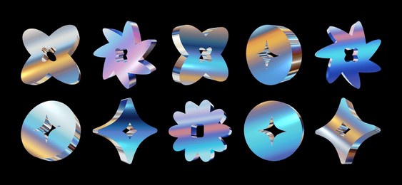 set of 3d geometric abstract shapes with metallic holographic rainbow surface and neon gradient, reflective and glossy, in y2k retro futuristic style. isolated vector elements for 2000s design
